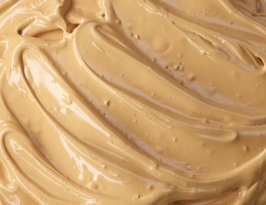 Krem karamel kremalı tatlı arkaplanı, üst manzara.