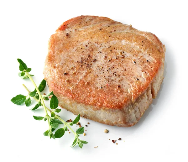 Bife Atum Fresco Assado Isolado Sobre Fundo Branco Vista Superior — Fotografia de Stock