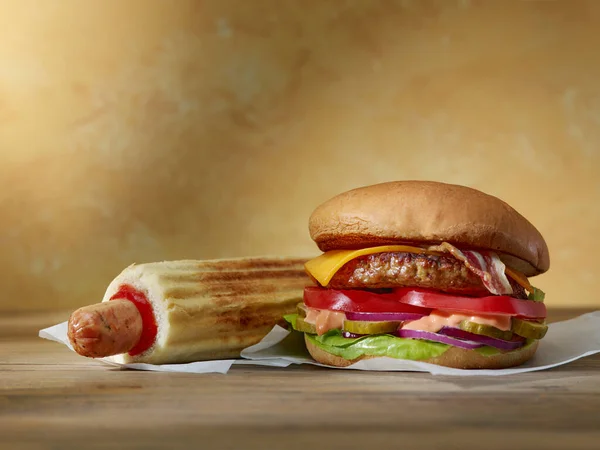 Fresh Tasty Burger Hotdog Wooden Table — Stockfoto
