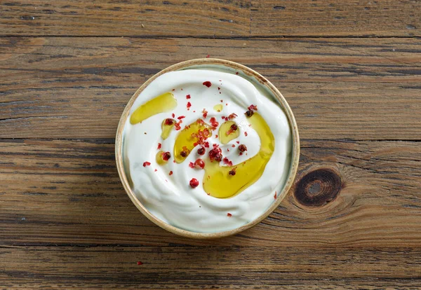 Bowl Sour Cream Greek Yogurt Decorated Olive Oil Red Pepper — Stock Photo, Image