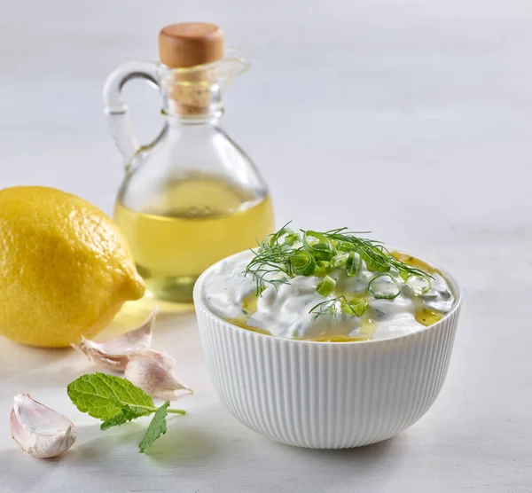 Bowl Sour Cream Greek Yogurt Tzatziki Sauce Decorated Chopped Herbs — 图库照片