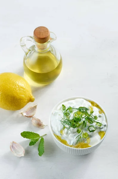 Bowl Sour Cream Greek Yogurt Tzatziki Sauce Decorated Chopped Herbs — Stock Fotó