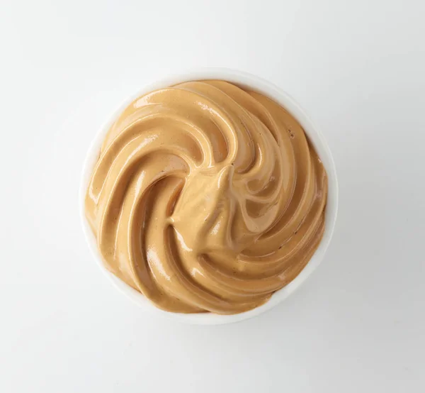 Bowl Whipped Caramel Coffee Mousse Cream Dessert White Background Top — Fotografie, imagine de stoc