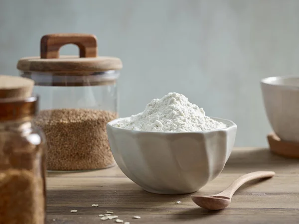 Bowl Flour Other Food Ingredients Wooden Kitchen Table — Fotografia de Stock