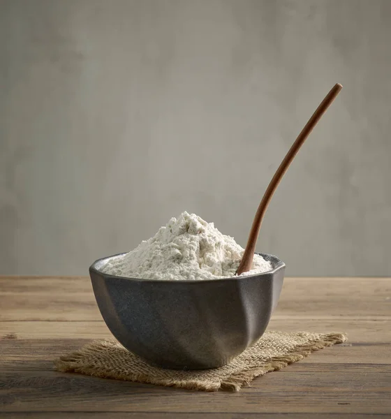 Bowl Flour Spoon Wooden Kitchen Table — Stock Photo, Image