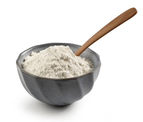 Grey Ceramic Bowl Flour Wooden Spoon Isolated White Background — Zdjęcie stockowe