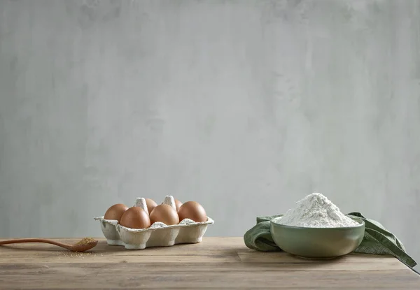 Flour Eggs Sugar Wooden Kitchen Table Still Life — Fotografia de Stock