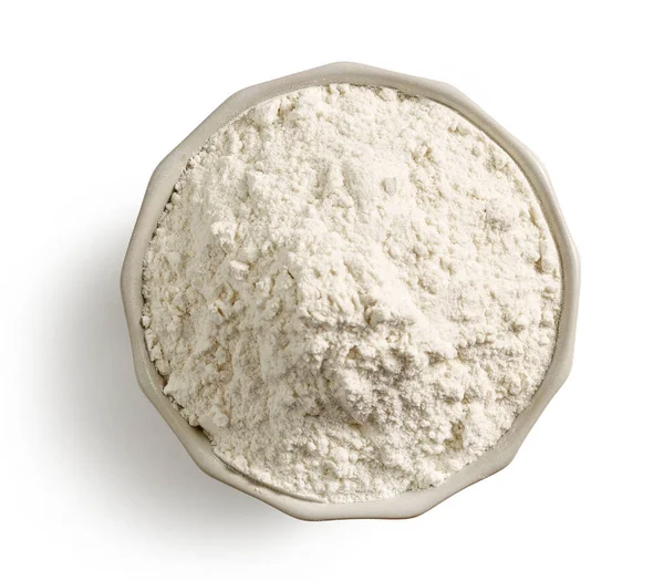 白い背景に孤立した小麦粉のセラミックボウルトップビュー — ストック写真
