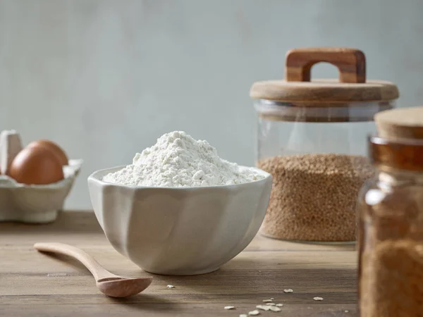 Various Food Ingredients Wooden Kitchen Table — Stock Photo, Image