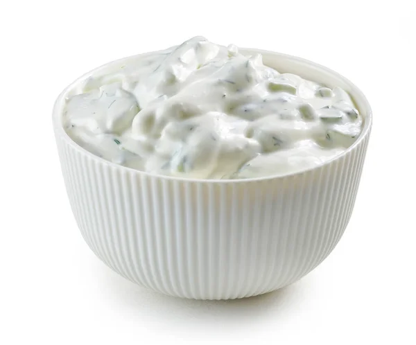 Bowl Sour Cream Greek Yogurt Tzatziki Sauce White Kitchen Table — Stok fotoğraf
