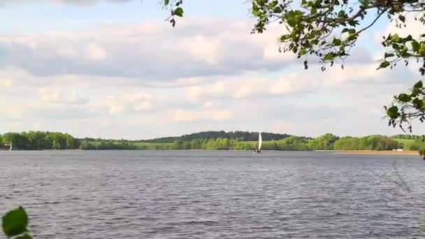 Летнее озеро и лодка — стоковое видео