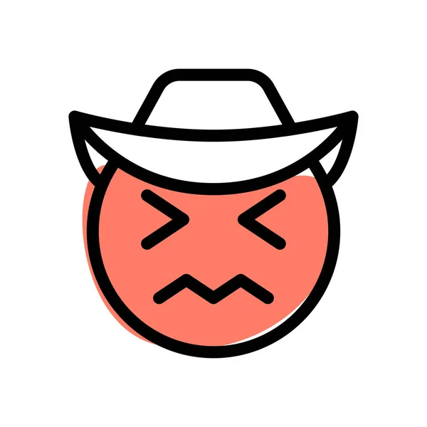 Verwarde Cowboy Gezicht Uitdrukking Met Hoed Emoticons — Stockvector