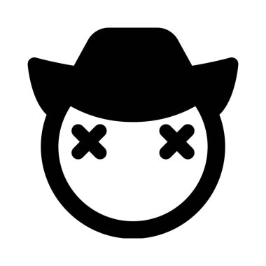 Ölü emojiye benzeyen şaşı şapkalı bir kovboy.