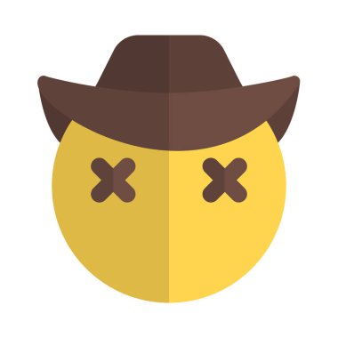 Ölü emojiye benzeyen şaşı şapkalı bir kovboy.