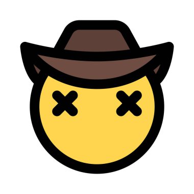 Ölü emojiye benzeyen şaşı şapkalı bir kovboy.