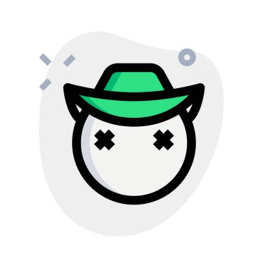 Ölü emojiye benzeyen şaşı şapkalı bir kovboy.