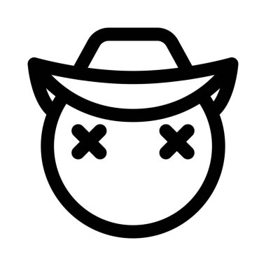 Ölü emojiye benzeyen şaşı şapkalı bir kovboy.