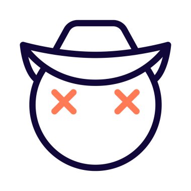 Ölü emojiye benzeyen şaşı şapkalı bir kovboy.