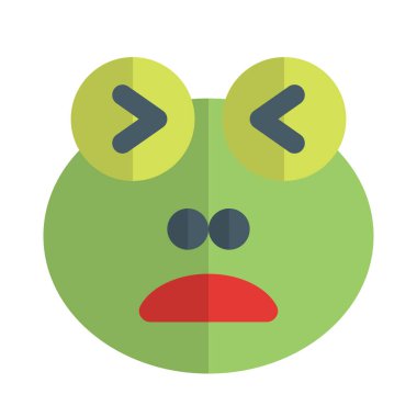 Kurbağa surat asıyor, ağzı açık ve şaşı.