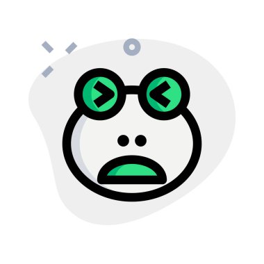 Kurbağa surat asıyor, ağzı açık ve şaşı.