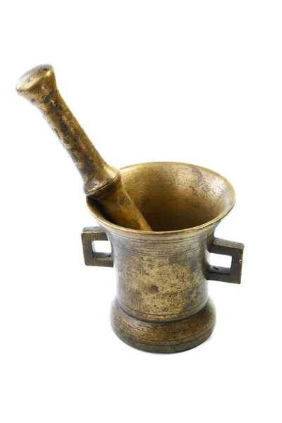Brass mortar with a pestle isolated on a white background — Stock Photo, Image