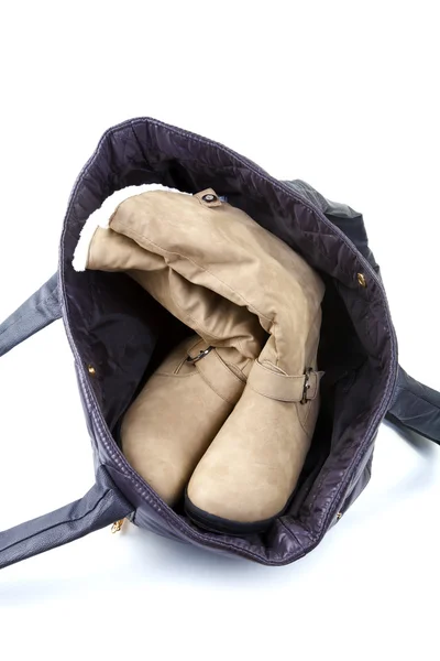 Female bag with winter boots on a white background — Stock Photo, Image