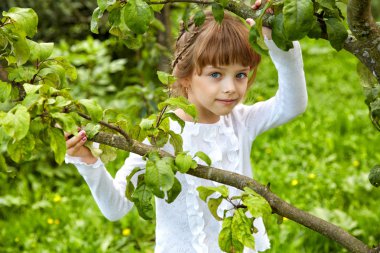 Kız bir bahçesinde bahar öğleden sonra