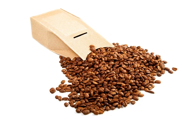The goffered cardboard box with coffee grains — Stock Photo, Image