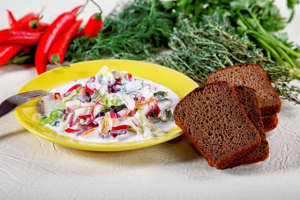 Тарілка салату з чорним хлібом і спеціями — стокове фото