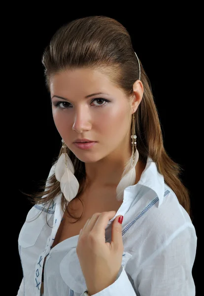 Portrait of the girl with earrings from feathers — Stock Photo, Image