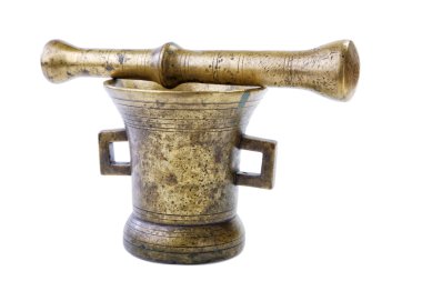 Beyaz bir arka plan üzerinde izole bir havaneli ile pirinç havan