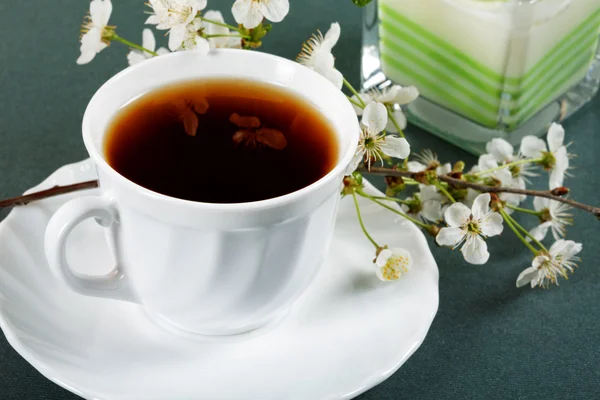 Vit kopp te med blommor i ett körsbär — Stockfoto