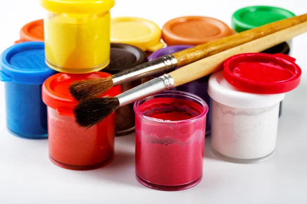Jars of gouache and brush for drawing — Stock Photo, Image