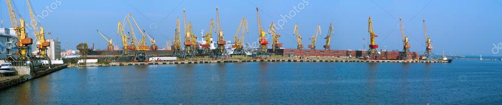 Panoramic view of one of the largest piers in the port of Odessa (all trade names and logos have been removed)