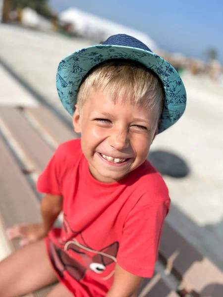 Boy Rad Shirt Hat Smiling Happy Playing Park — Stock Photo, Image