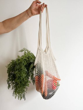 Bir torba karışık sebzeyi tutan el.. 