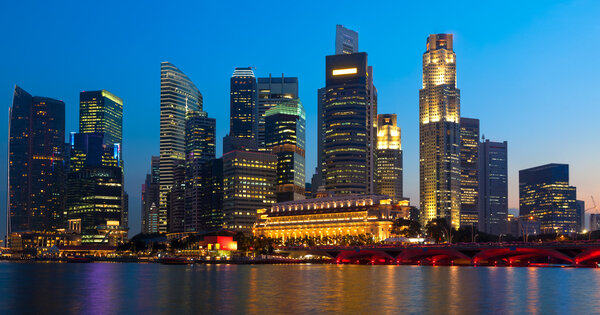 Panorama of Singapore downtown skyling in evening
