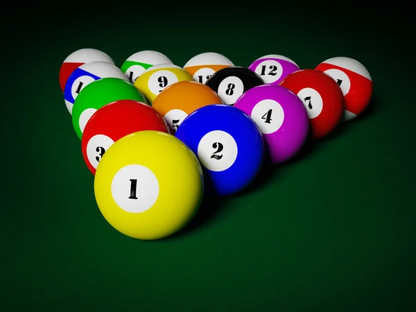 Bolas de bilhar piscina na mesa racked — Fotografia de Stock