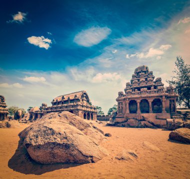 Beş rathas. Mahabalipuram, tamil nadu, Güney Hindistan