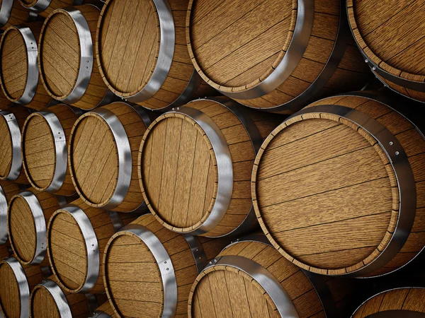 Wooden oak brandy wine beer barrels rows — Stock Photo, Image