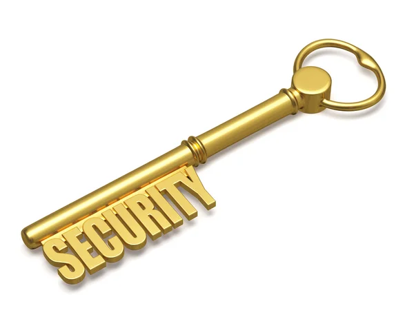 Kunci emas dengan teks keamanan yang terbuat dari emas terisolasi — Stok Foto