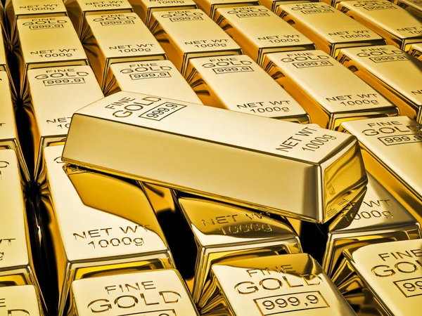 Gold bar on stacks of gold bullions close up — Stock Photo, Image