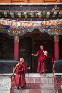 spituk Manastırı merdivenlerde artan Tibetli Budist keşişlerin