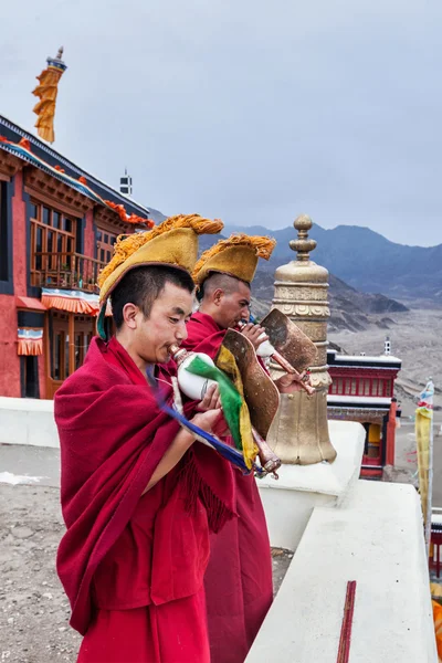 Monjes budistas tibetanos soplando conchas durante la mañana pooja —  Fotos de Stock