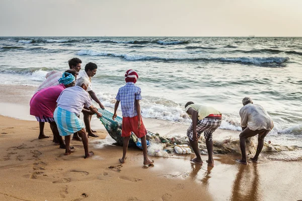 Indian fishermen dragging fishing net — Stock Photo, Image