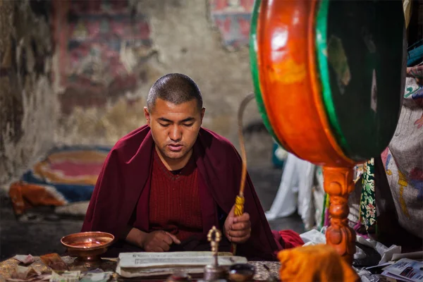 Betender Mönch. thiksey gompa, ladakh — Stockfoto