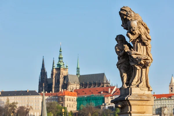 Estatua sobre Charles Brigde contra la Catedral de San Vito en Praga —  Fotos de Stock