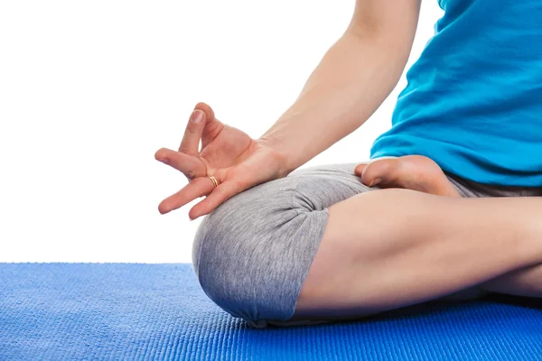 Close up van yoga padmasana (lotus pose) met kin mudra — Stockfoto