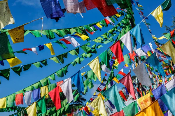 Banderas budistas de oración lunga en McLeod Ganj, Himachal Pradesh, India — Foto de Stock