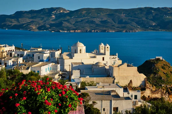 Pittoresca vista panoramica della città greca Plaka sull'isola di Milos sopra i fiori di geranio rosso — Foto Stock